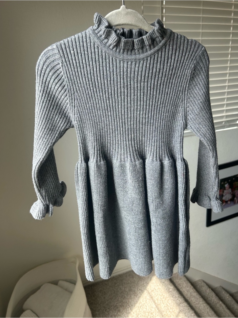 2T Gray Ruffle Neck Rib-Knit toddler Sweater Dress